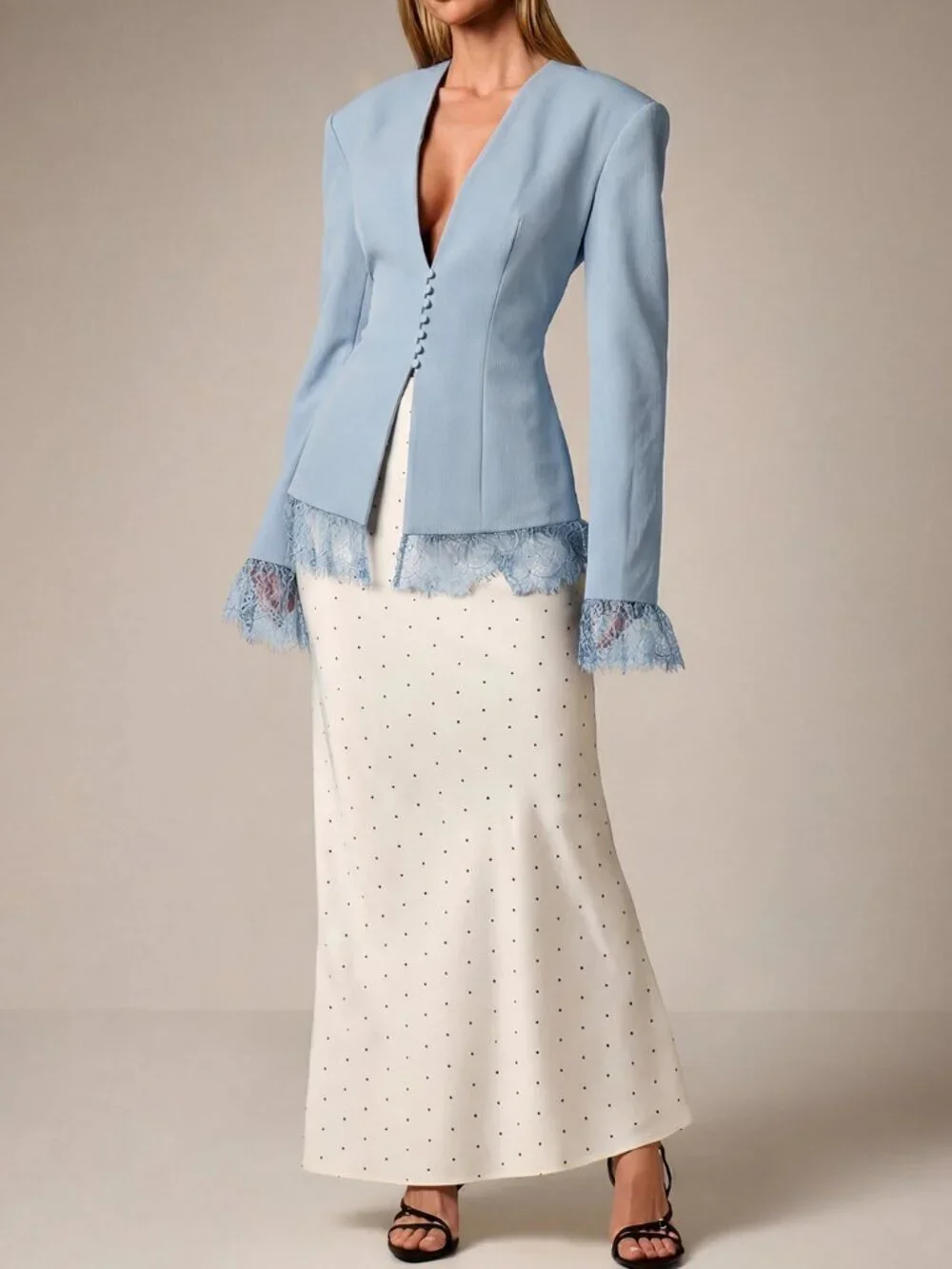 Blue Elegant Women's Lace Collarless Deep V-Neck Bell Sleeves Blazer